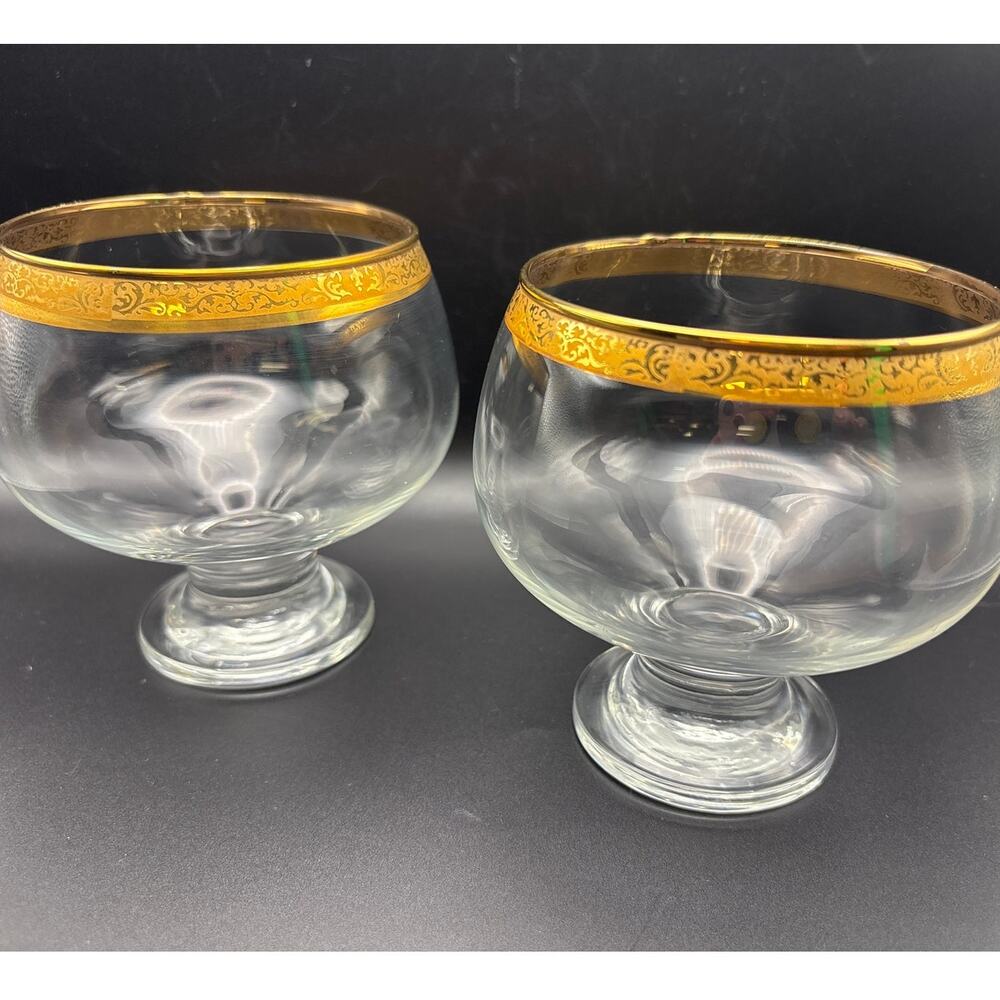 Cellini Style Glassware w/ Gold Band Brandy Snifter Cocktail Gasses Set of 2 Vtg